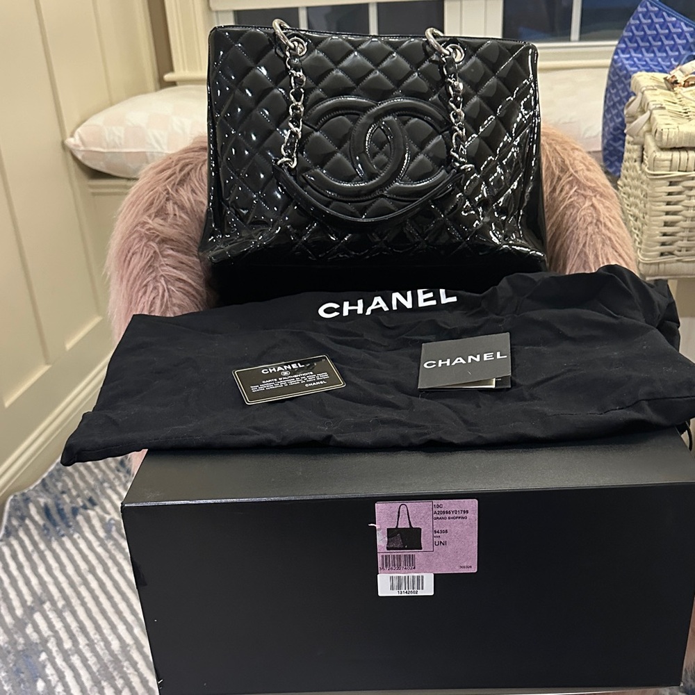 CHANEL Black Patent Quilted Tote with Chain Handles